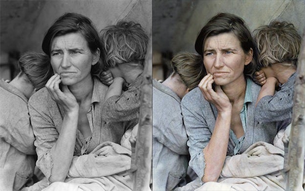 Migrant mother Dorothea Lange black and white photo colorization