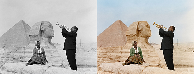 Louis Armstrong Cairo 1961 black and white photo colorization