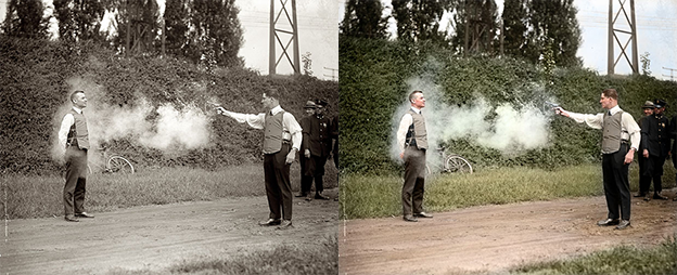 Bulletproof vest testing black and white photo colorization