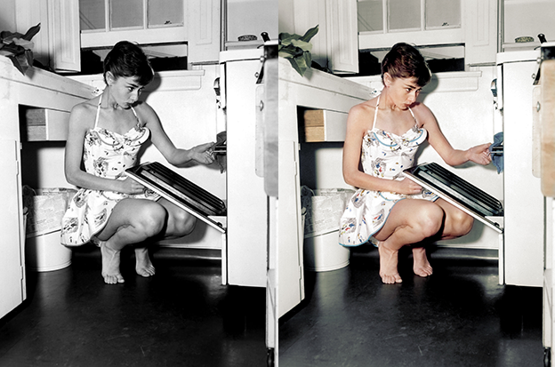 Audrey Hepburn black and white photo colorization