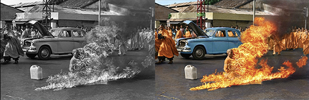 the self-immolation of Thich Quang Duc black and white photo colorization