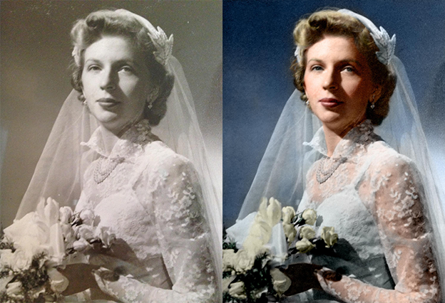 bride black and white photo colorization