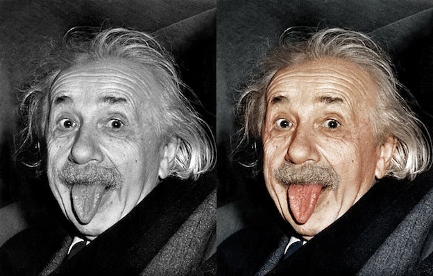Albert Einstein tongue black and white photo colorization