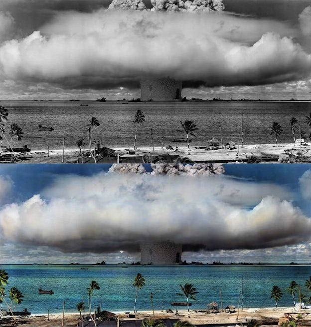 bikini atoll black and white photo colorization