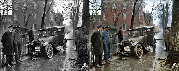 Car wreck 1921 black and white photo colorization