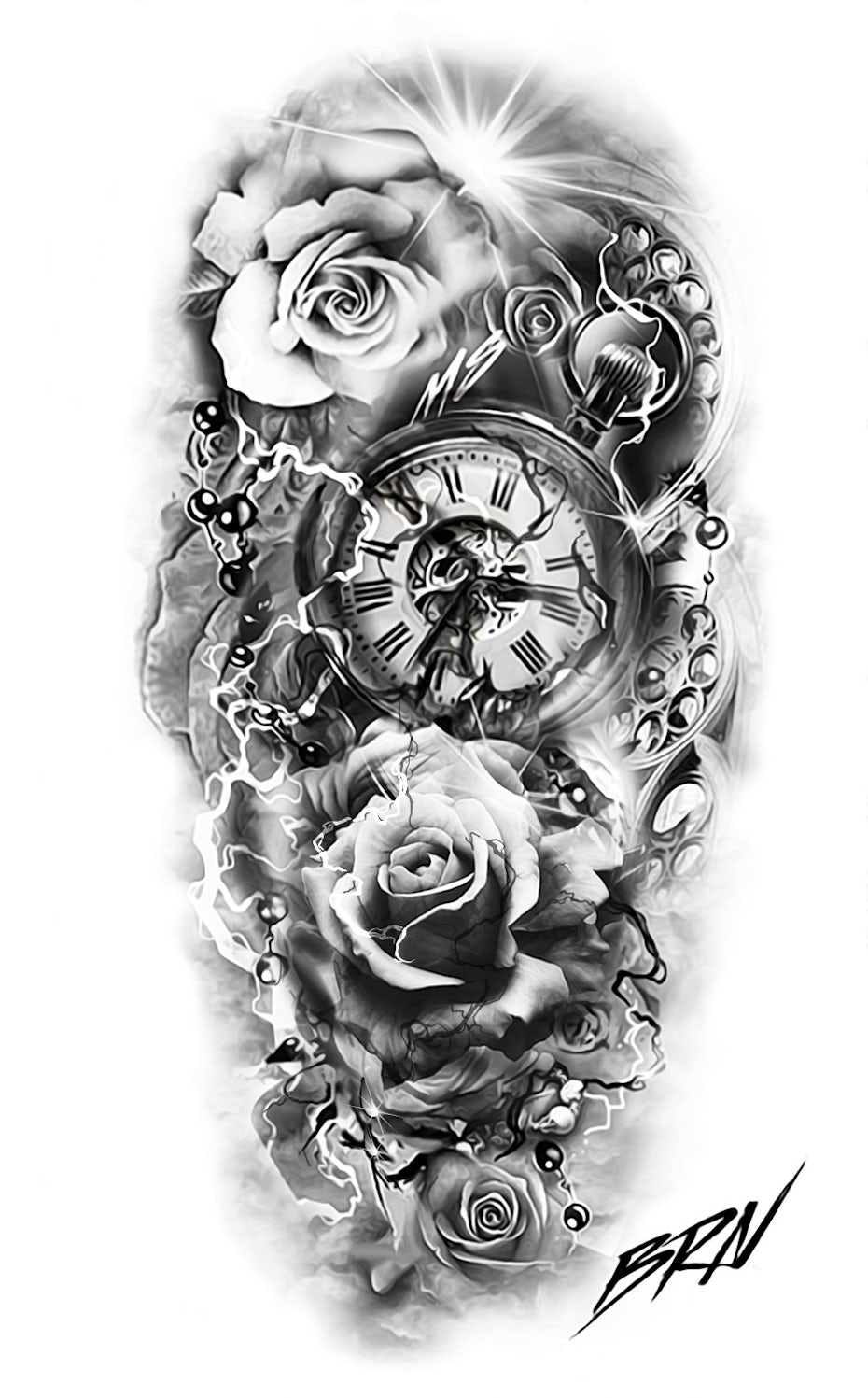 realistic tattoo style with pocket watch and roses