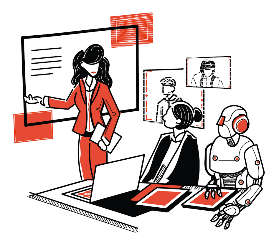 illustration of woman presenting information to robot