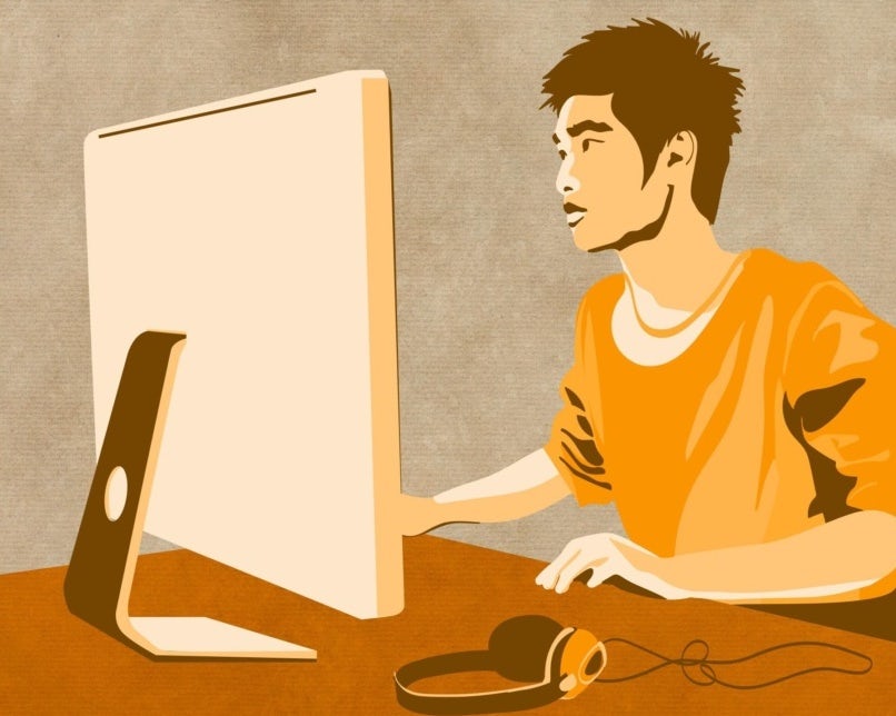 illustration of man working at screen with headphones