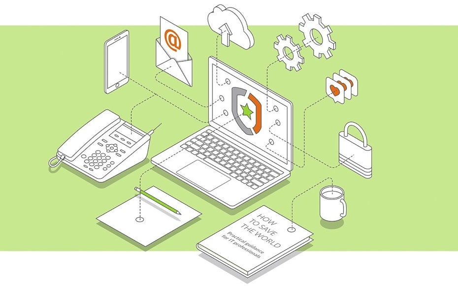 isometric illustration with laptop, email, papers and phone connected by lines
