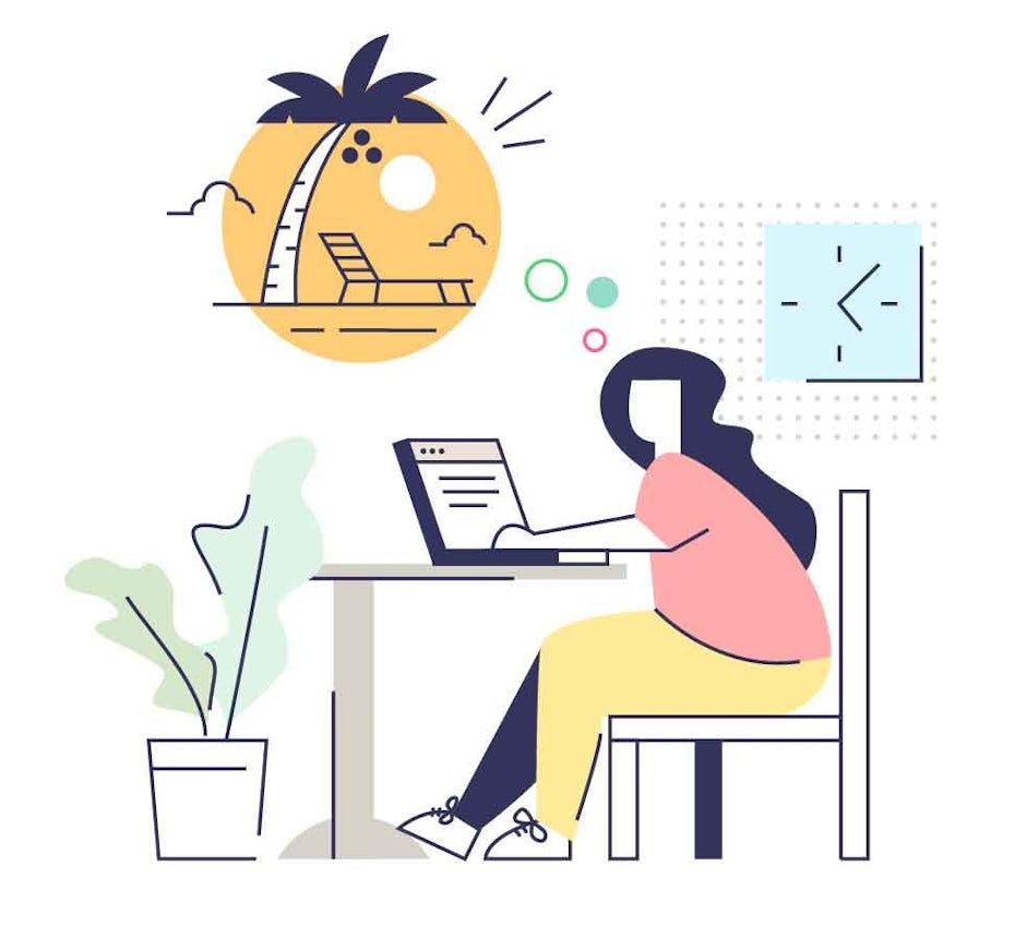 Illustration of woman working at desk with thought bubble