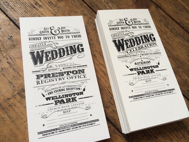Screen printed Victorian-style wedding invitations