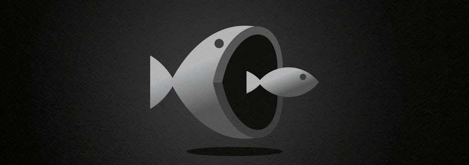 A logo design of a big fish swallowing a smaller fish