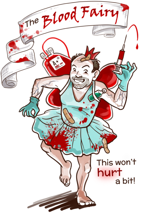 An illustration of a middle aged man dressed in a bloody fairy costume