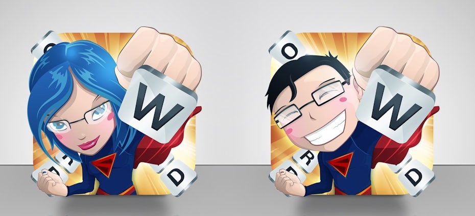 An app icon showing a superhero knocking out letters