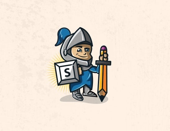 An illustration of a knight with a pencil as a sword and a letter as a shield