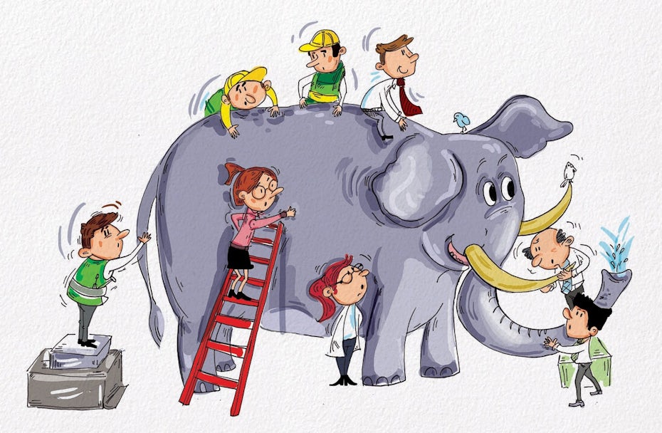 An illustration of a group of people washing an elephant