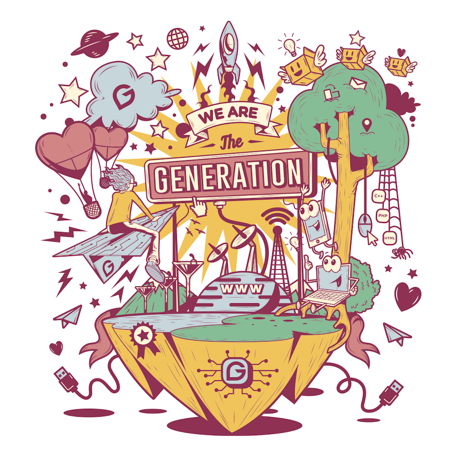 A wall mural of many elements bearing the words “We are the generation”
