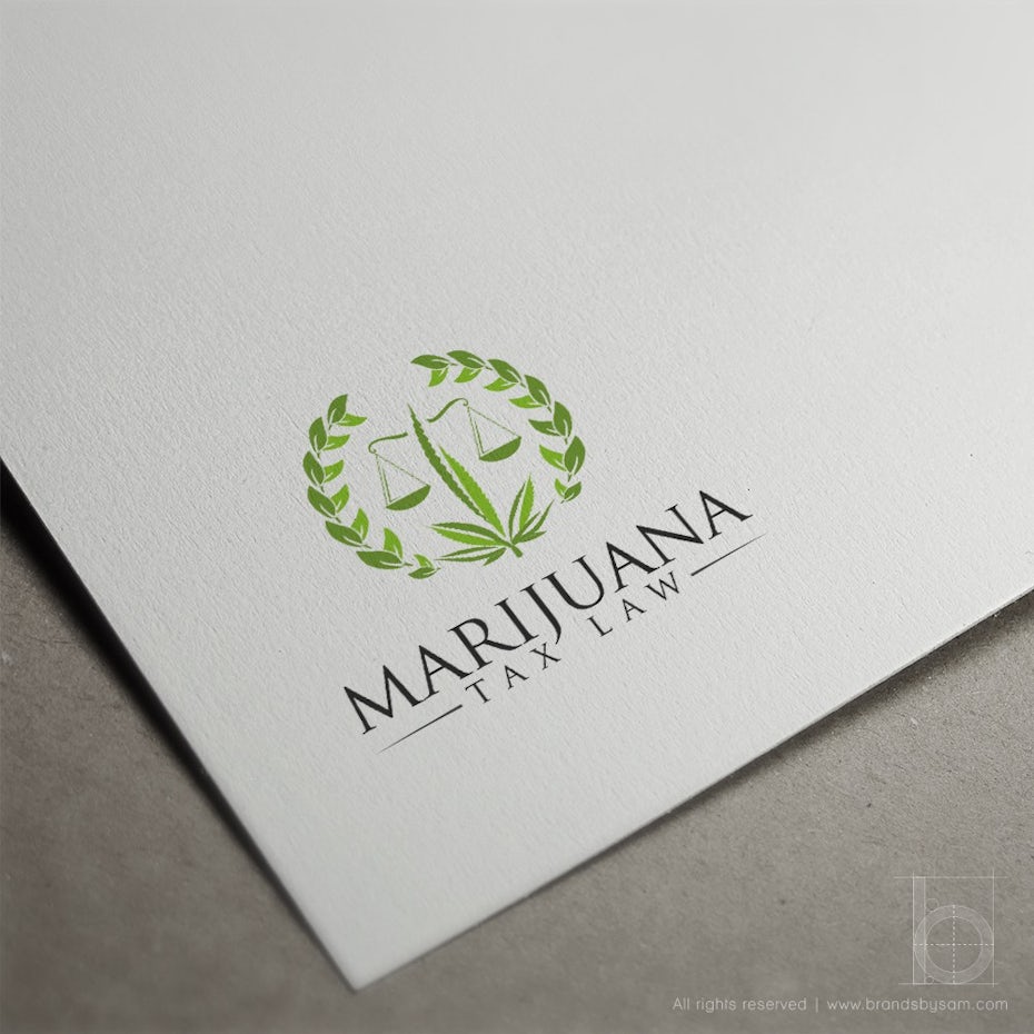 LAWYER LOGO WITH MARIJUANA LEAVES, SCALES OF JUSTICE