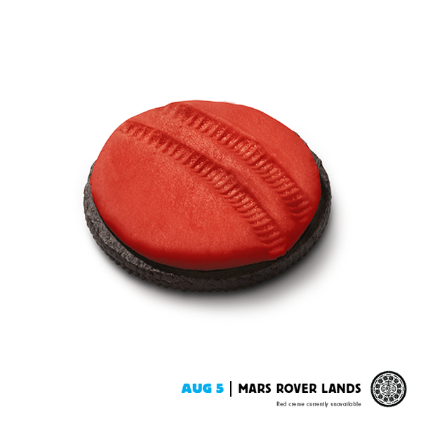 Oreo cookie with red center and rover tracks