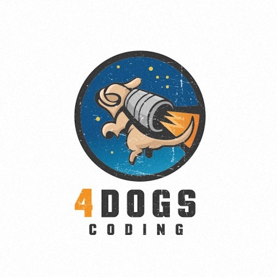 狗的创意徽标示例被绑在火箭上