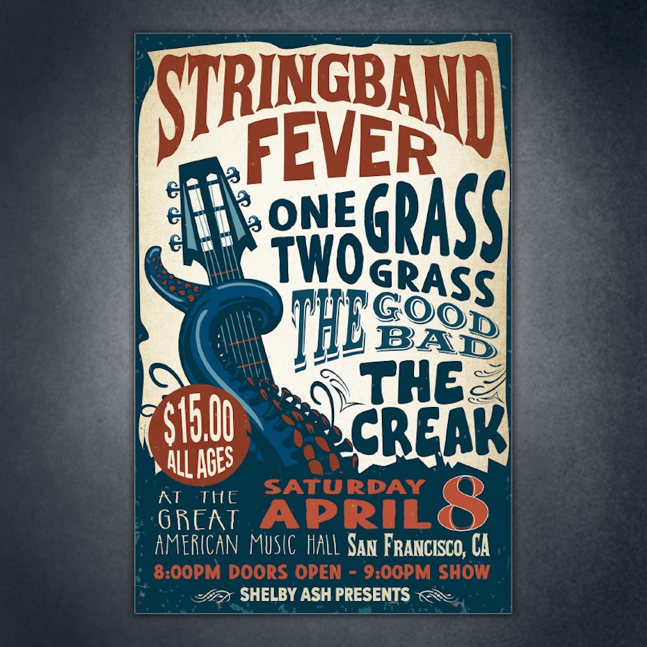 example for principle of design movement: stringband concert poster with sea creature