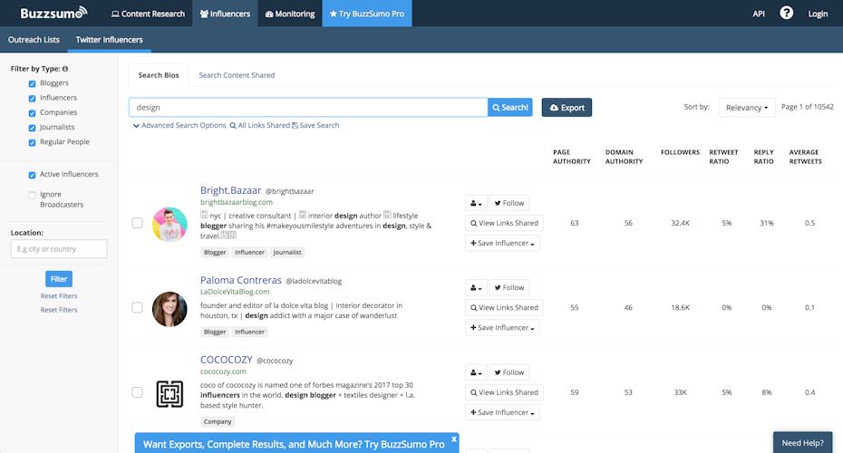 Screenshot of BuzzSumo Influencer Page