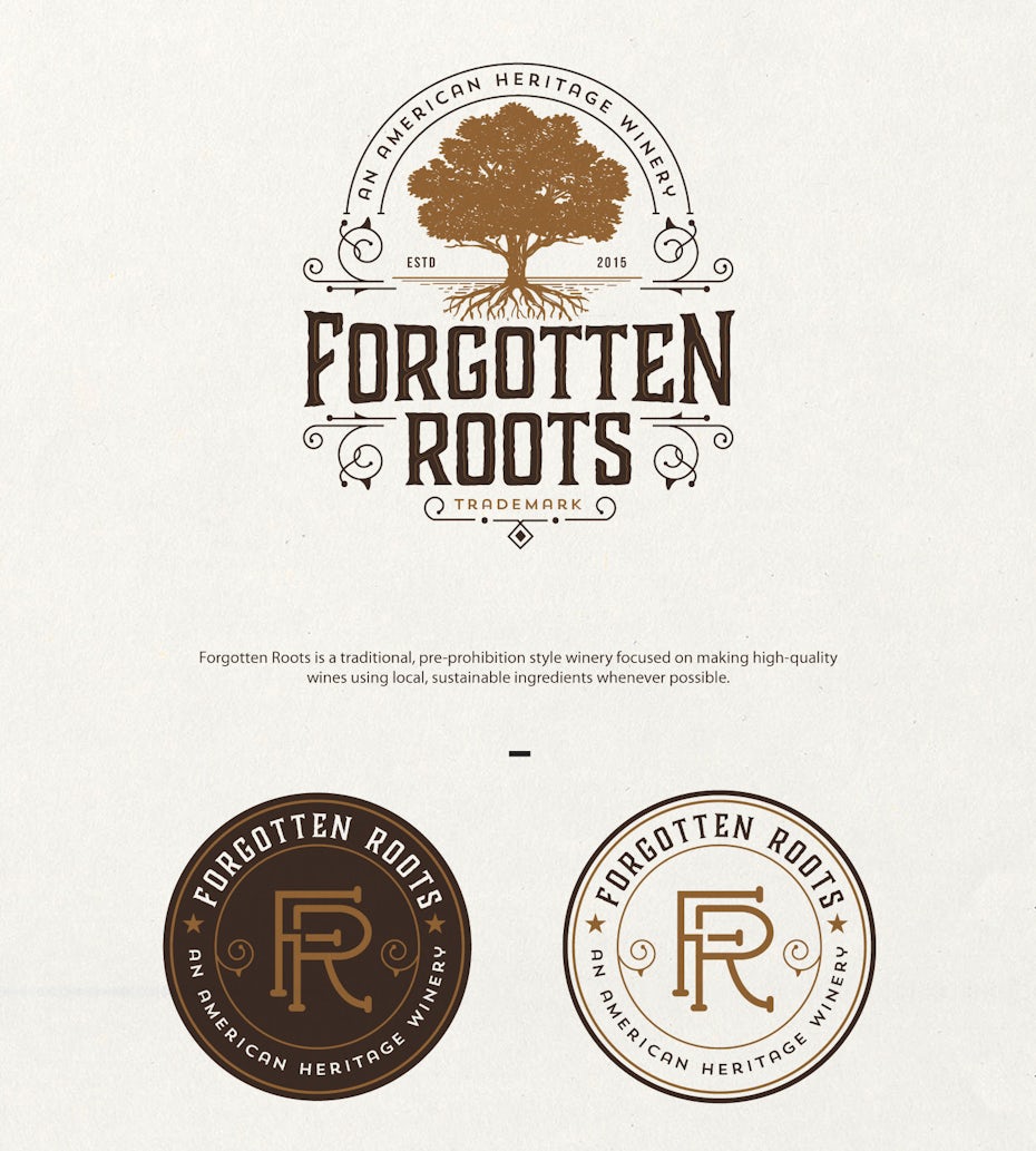 Tree and wine bottle logo in shades of brown