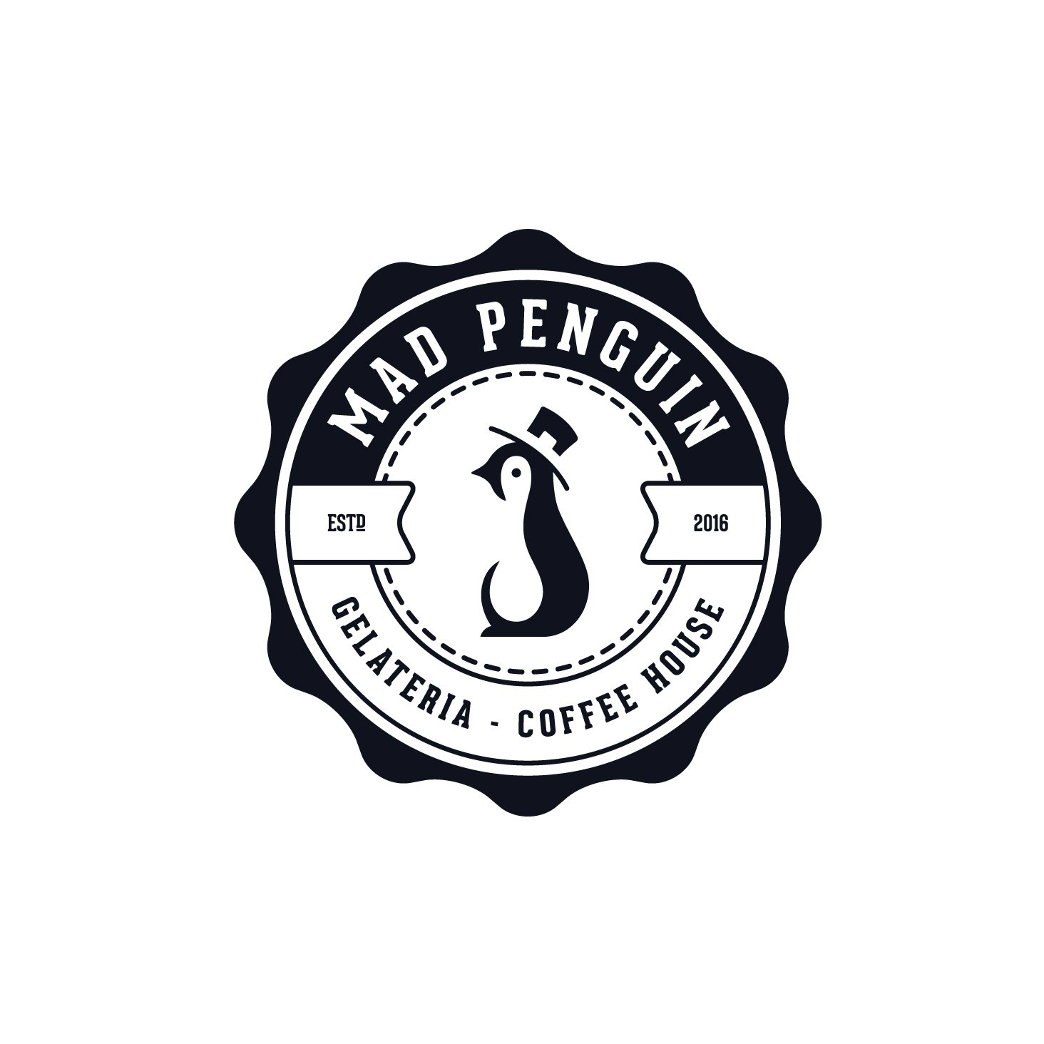 Logotipo de cafetería de pingüino loco