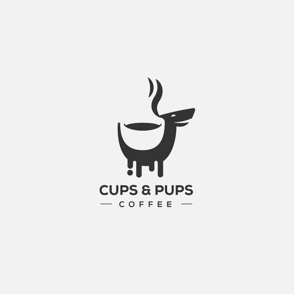 Diseño del logotipo del café de tazas y cachorros