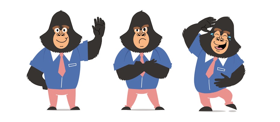 Three pictures of a gorilla: waving, standing with arms crossed and dancing and laughing