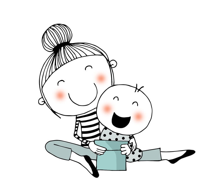 mom with baby opening gift illustration