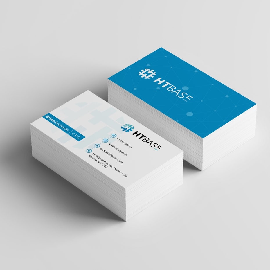 A blue and white business card