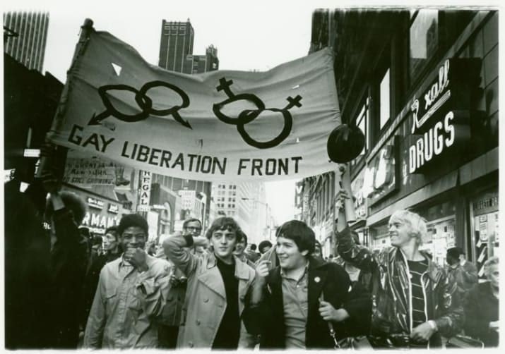 A historical photo depicting a gay rights protest