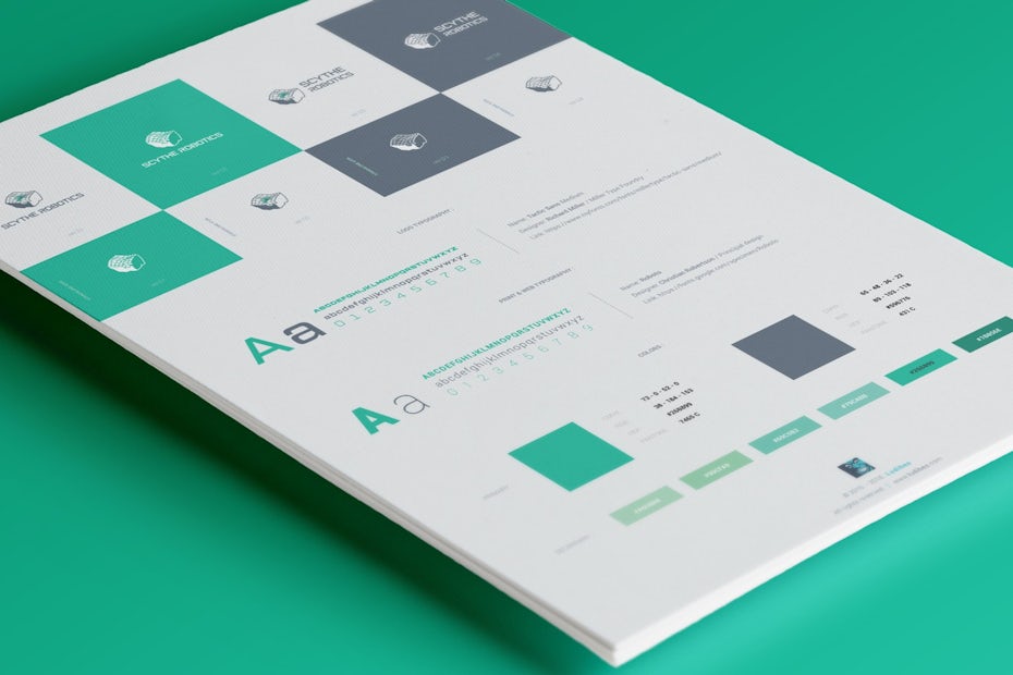 brand identity style guide with green and grey brand colors