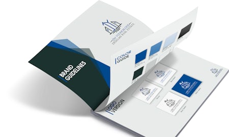 Brand guidelines document with colour guide and logo versions