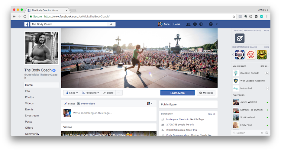 Ejemplo de marca personal: captura de pantalla de la página de Facebook de Joe Wicks