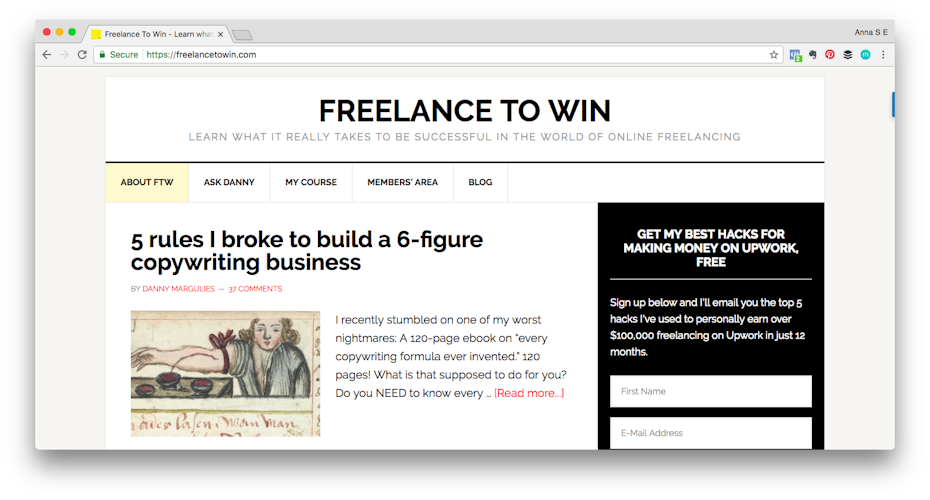 Personal brand example: Screen shot of Freelance to Win website