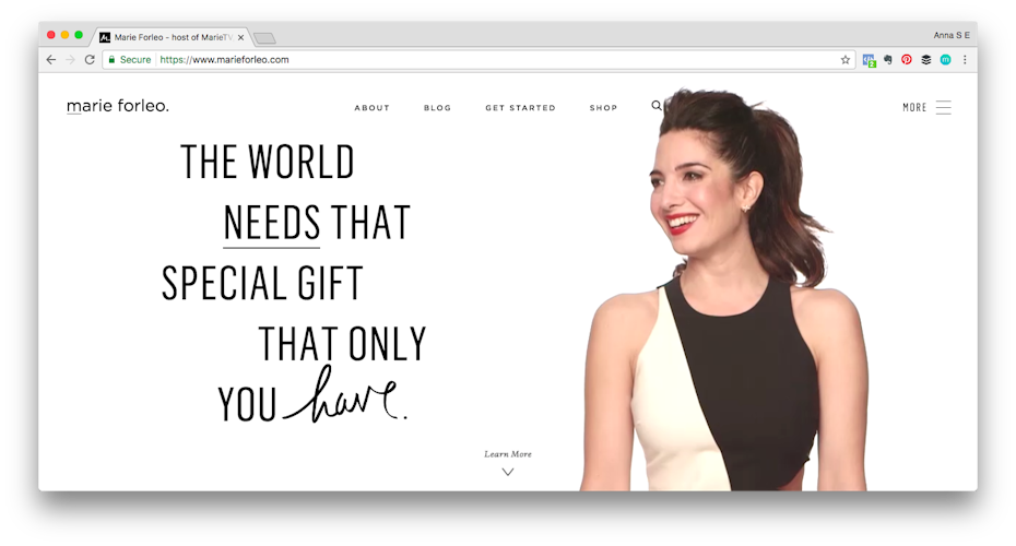 Personal brand example: Screen shot of Marie Forleo website