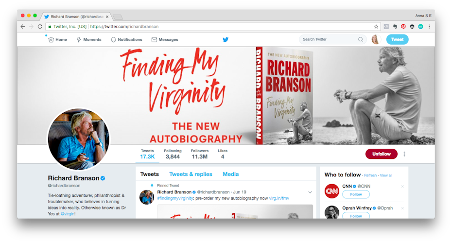 Ví dụ về thương hiệu cá nhân: Ảnh chụp màn hình hồ sơ Twitter của Richard Branson