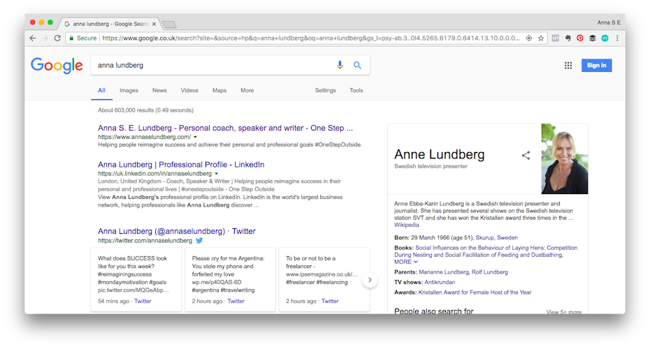 Ví dụ về thương hiệu cá nhân: Tìm kiếm trên Google về Anna Lundberg