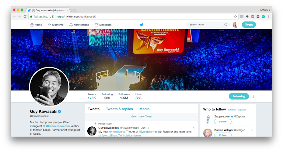 Personal brand example: Screenshot of Guy Kawasaki’s Twitter profile