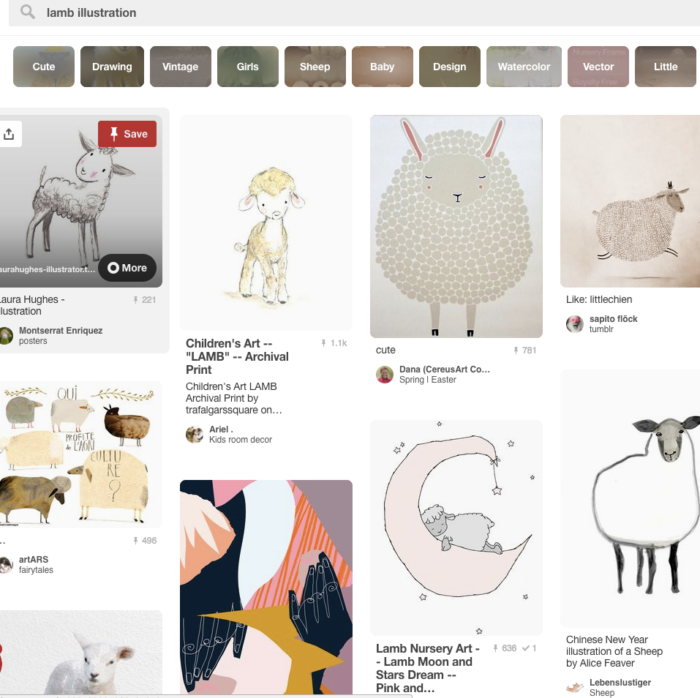 Screen shot of Pinterest search for "lamb illustration."