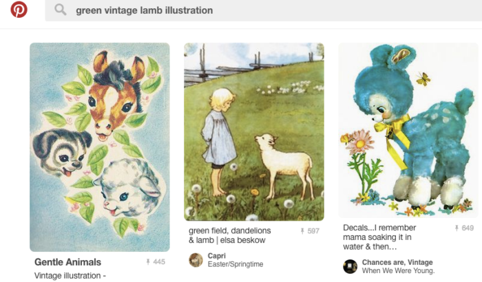 Screen shot of results from Pinterest search for "vintage green lamb illustration."