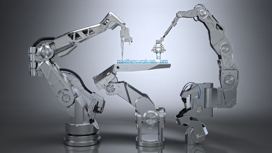 3D modeled image showing a website being mechanically constructed
