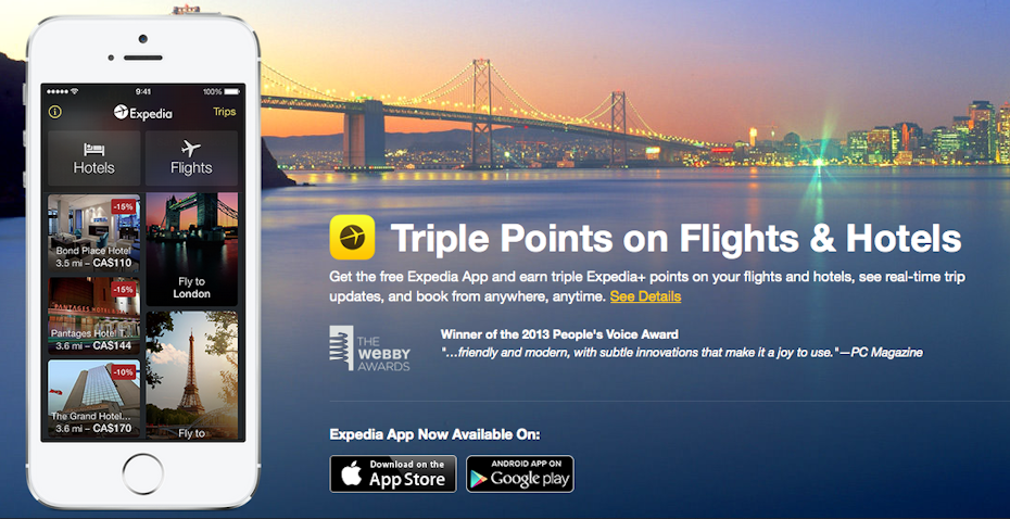 An advertisement for the Expedia app