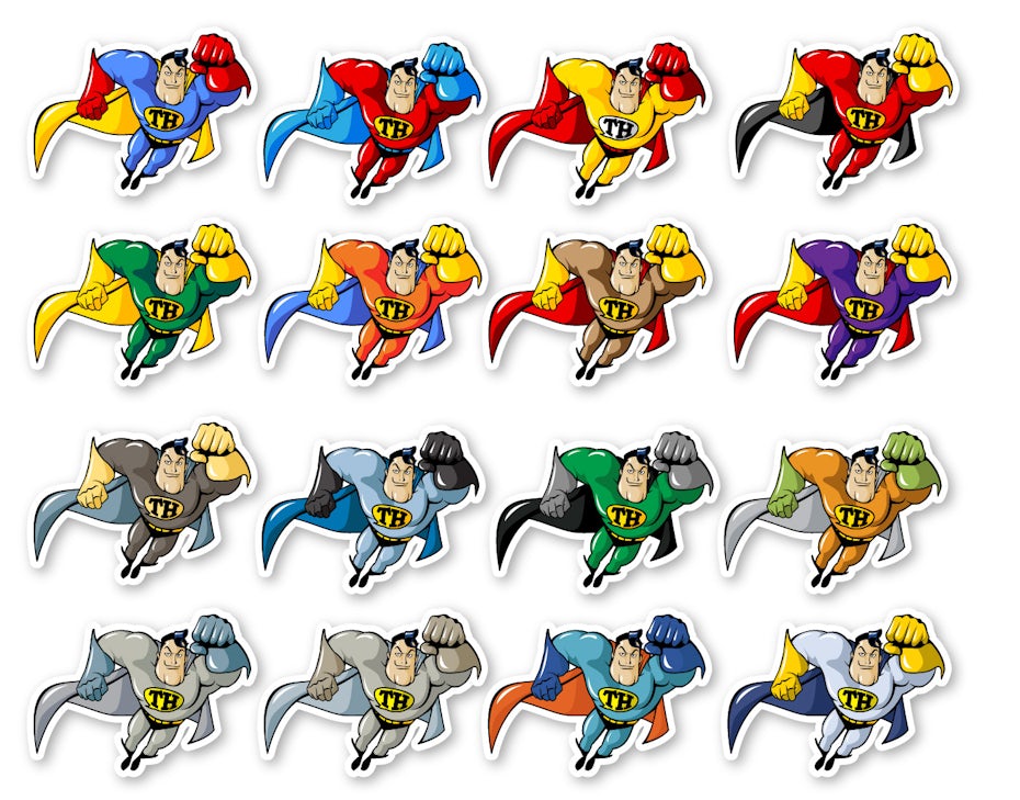 A set of super hero stickers in various costumes