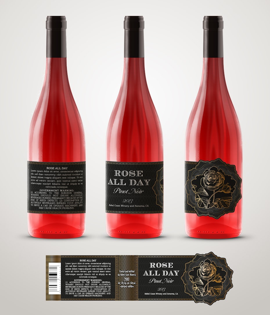 Wine label with foil and die-cutting