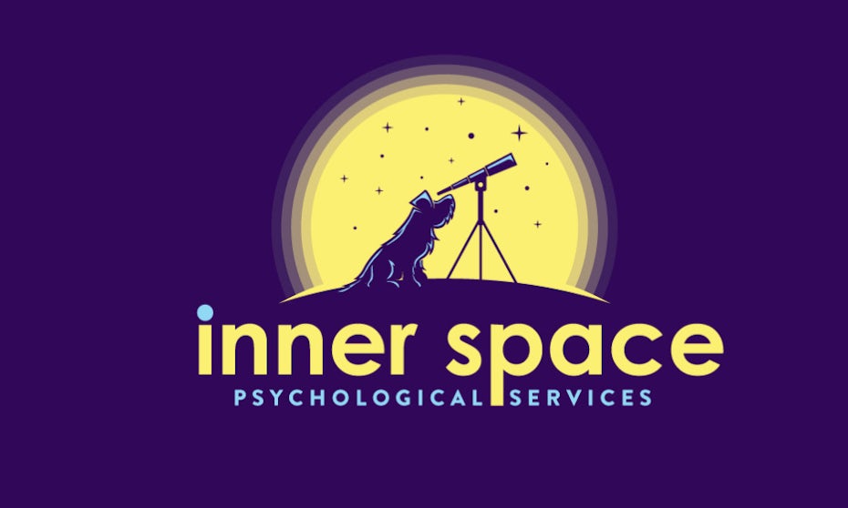 Logo with dog looking through telescope