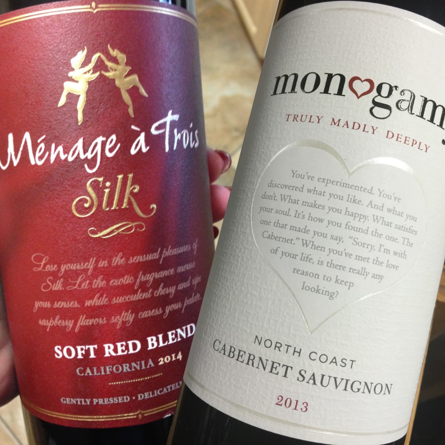 Two wine labels featuring romantic elements