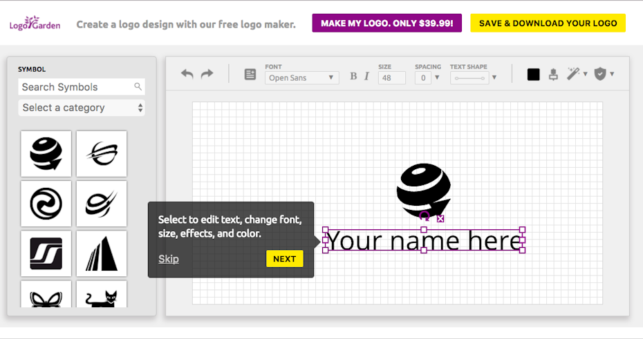 LogoGarden logo maker arbeitsfläche